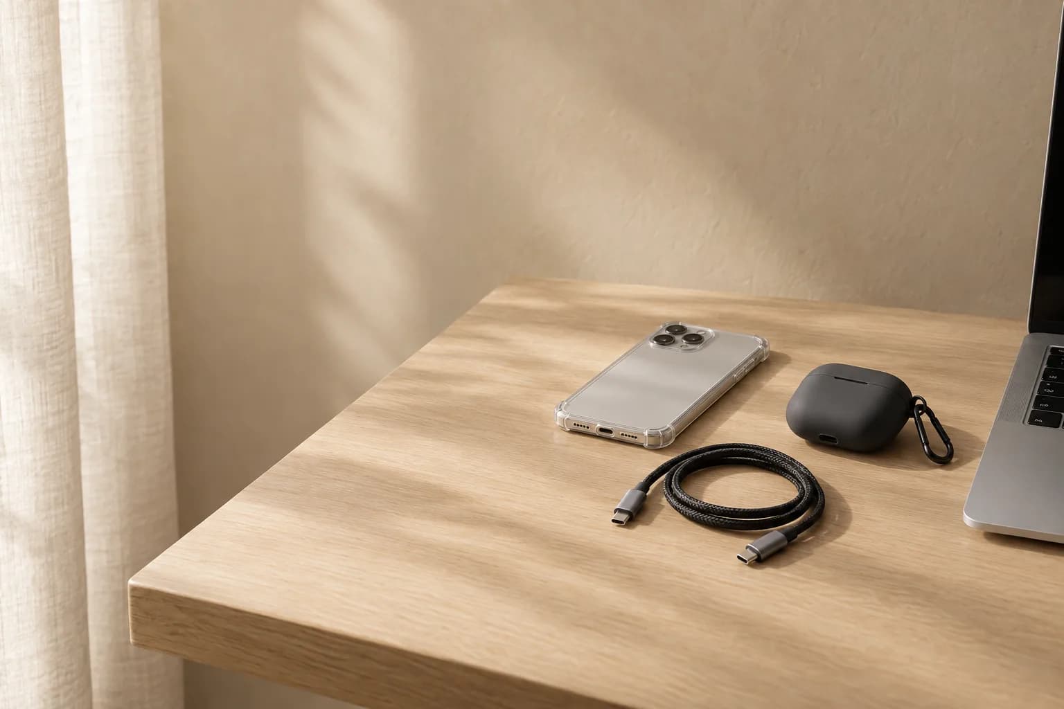 A phone in a clear case, a braided USB-C cable and an earbud case on an oak desk in morning light