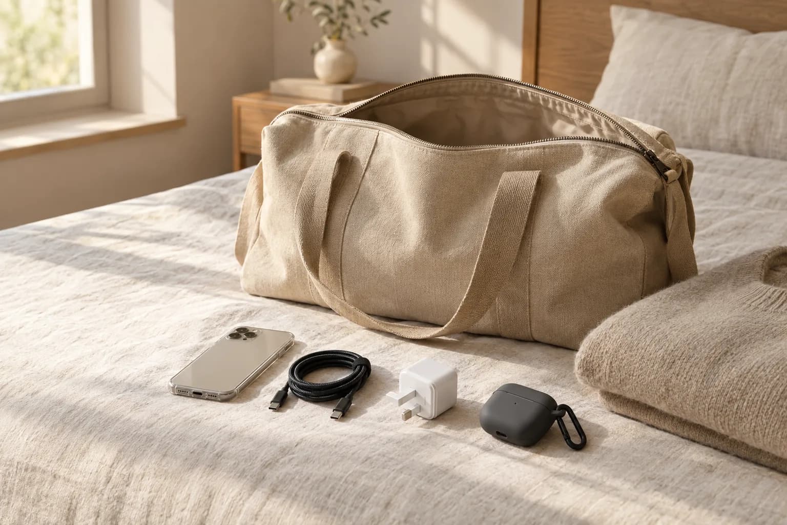 An open canvas bag on a bed with a phone, a cable, a charger and an earbud case